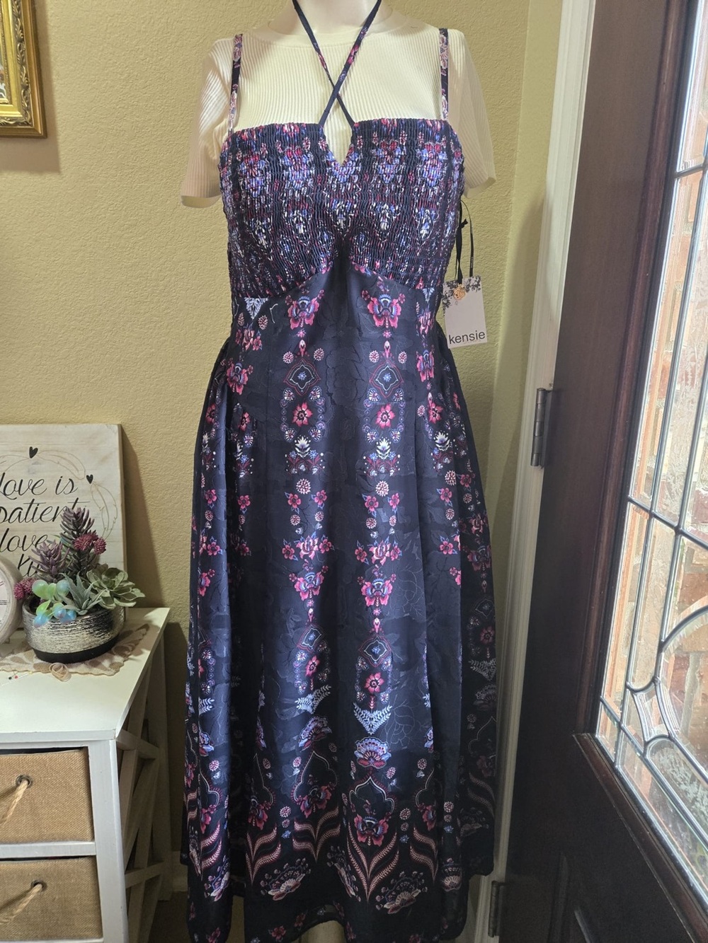 Kensie Purple and Pink Floral Smocked Strap Maxi Dress